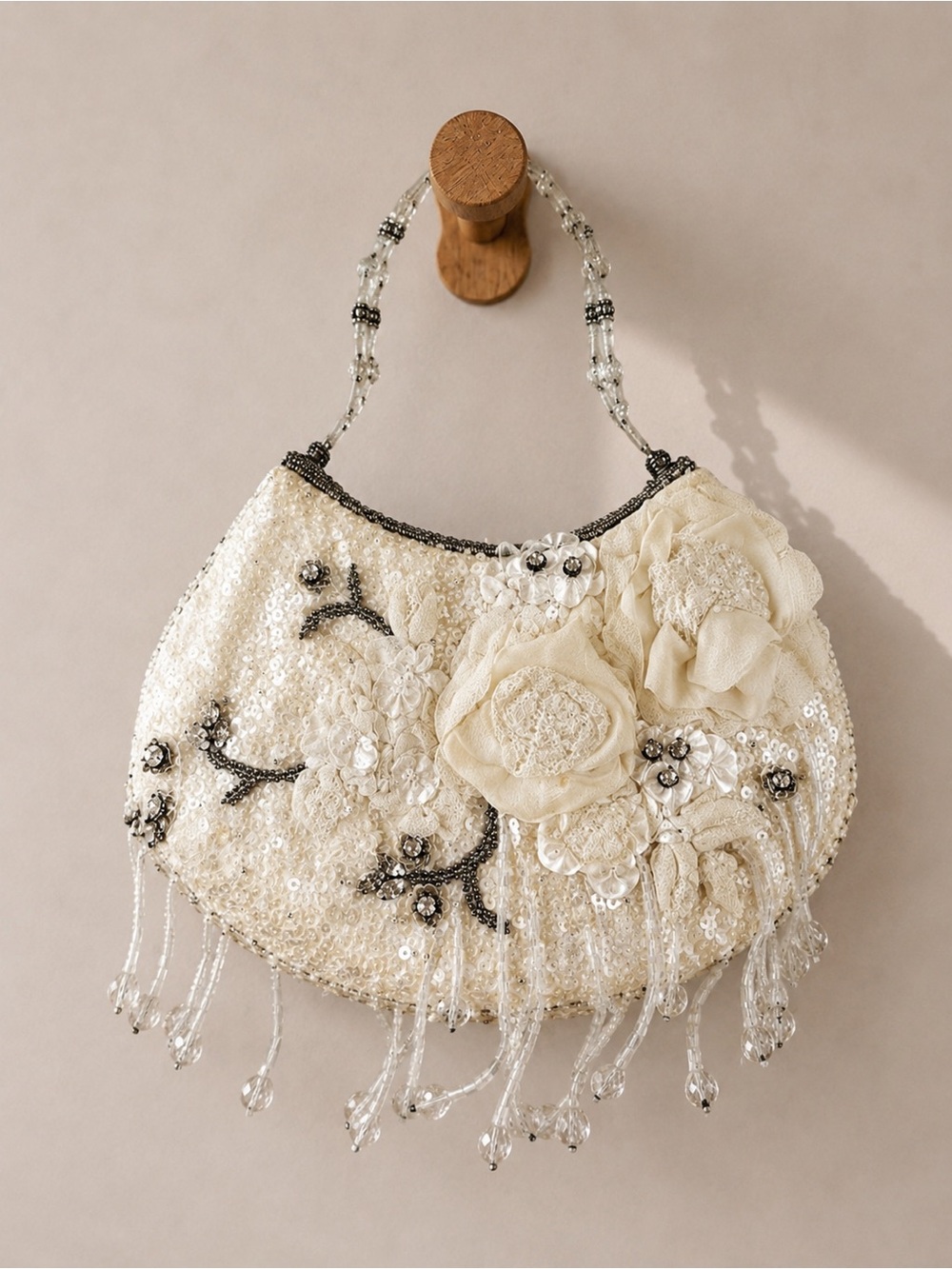 Vintage Pat Vini Beaded Floral Evening Bag Y2K Ivory Sequin Reticule